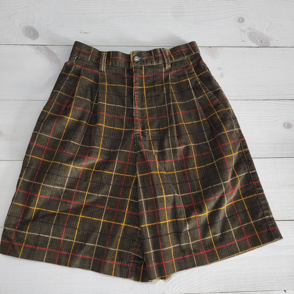 High-Waist Plaid Corduroy Women’s Shorts - Olive with Red & Yellow Windowpane